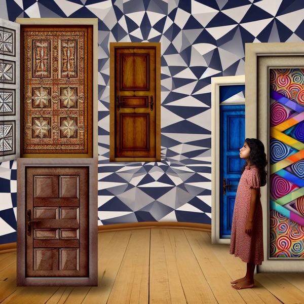 Surrealistische keuzes in geometrische kunst Een jonge meisje in een surrealistische kamer vol abstracte geometrische vormen en patronen terwijl ze naar twee zwevende deuren kijkt.