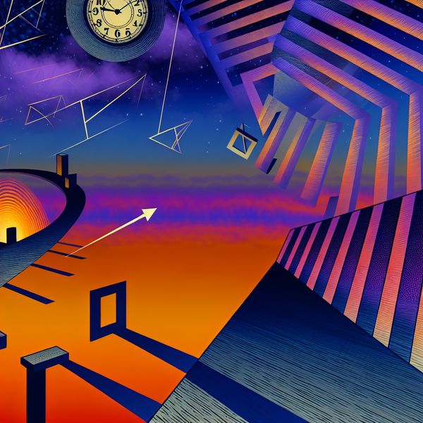 Surrealistische geometrische voorstelling van de avondgloed met een klok en een spiraaltrap