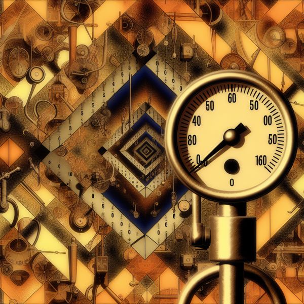 Surrealistische Geometrische Scène met Meetinstrumenten Surrealistisch geometrisch beeld van een drukmeter met de wijzer op nul, omringd door ingenieuze patronen van meetinstrumenten zoals thermometers en klokken.