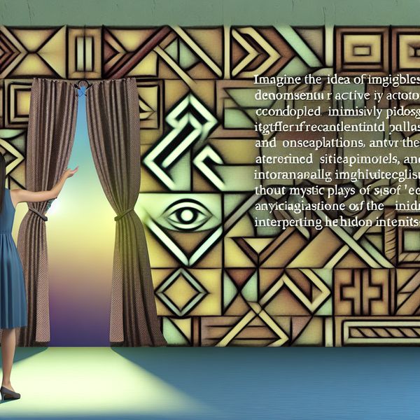 Surrealistische Geometrische Scene van Verborgen Betekenissen Een persoon staat voor een ingewikkeld ontworpen gordijn dat deels is opgetrokken, onthullend een complexe patronen die verborgen inzichten symboliseren.