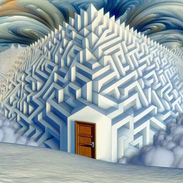 Surrealistisch landschap met enorme, geometrische sneeuwmassa die een deur blokkeert, geïnspireerd door M.C. Escher.