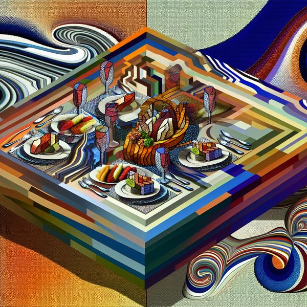 Surrealistisch geometrisch tafelschikking met meerdere gangen, weergegeven met verschillende voedselcomponenten en texturen.