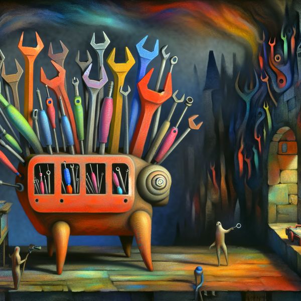 Surrealistische gereedschaphouder voor gereedschap organisatie Een surrealistische afbeelding van een fantasierijke gereedschaphouder met meerdere armen die kleurrijke gereedschappen vasthouden in een mysterieuze workshop.