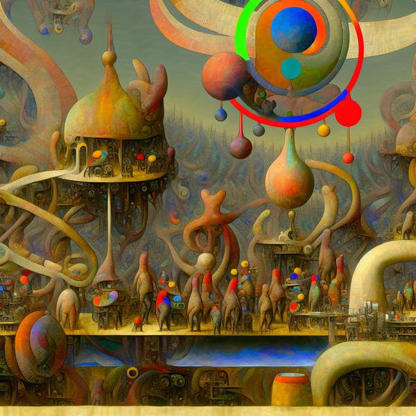 Een surrealistische werkplaats vol vreemde goedjes en fantastical creaturen in de stijl van Hieronymus Bosch.
