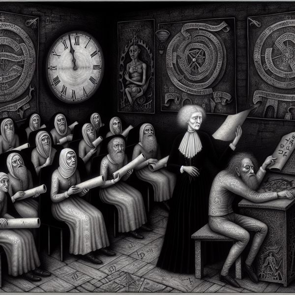 Een surrealistische en gothic scène in een klaslokaal waar een leraar in vintage kleding studenten ondervraagt over hun projectwerk.