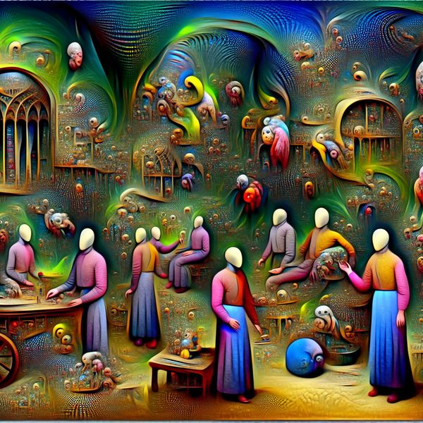 Surrealistische groep faceless figuren in andere wereld Een surrealistische afbeelding van faceless figuren in een kleurrijke, andere wereld met bizarre creaturen en vreemde plantaardige structuren.
