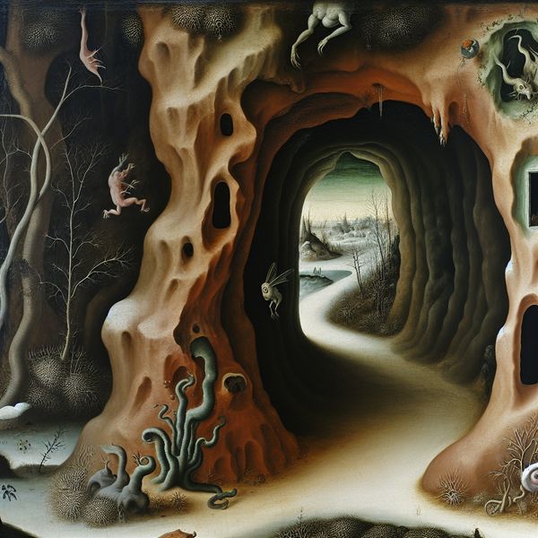 Surrealistische weergave van een smalle grotopening omringd door bizarre wezens en een winterlandschap.