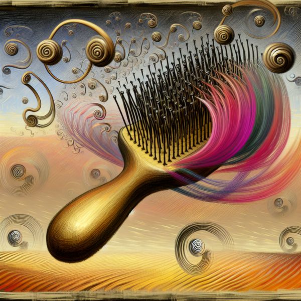 Surrealistische Haarborstel in Droomachtige Ruimte Surrealistische afbeelding van een drijvende haarborstel omringd door vloeiende haardos die verandert in geometrische vormen.