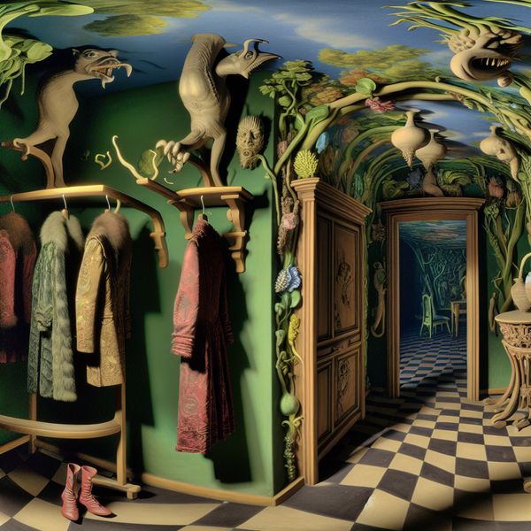 Surrealistische hal in huis met bizarre meubelen en planten geïnspireerd door Hieronymus Bosch.