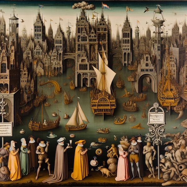 Historische herkomst Hamburgers: surrealistische voorstelling van Hamburg in Bosch-stijl Surrealistisch tafereel van de middeleeuwse havenstad Hamburg met inwoners in 15e-eeuwse kleding, schepen en symbolische zeewezens in de stijl van Jheronimus Bosch