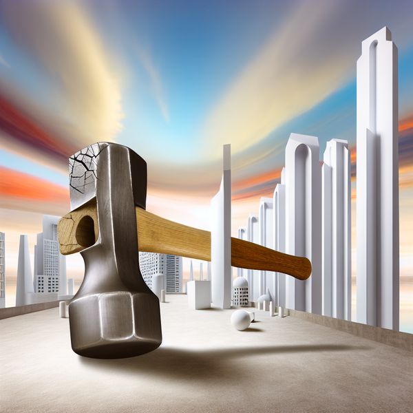 Surrealistische Hamer met Gebroken Hoef in Monumentale Architectuur Een hyper-realistisch beeld van een onwaarschijnlijk grote hamer met een gebroken hoef, tegen een achtergrond van monumentale architectuur.