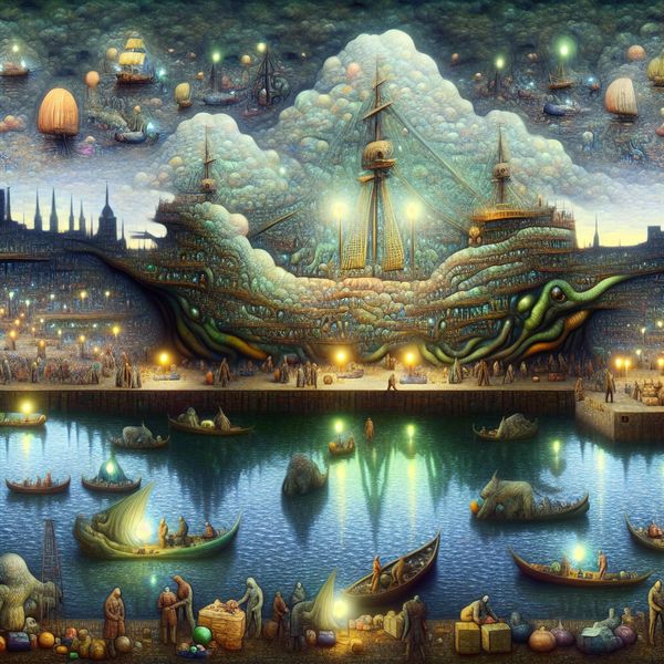 Fantasieschip in droomhaven: surrealistisch tafereel van zeevaart en handel Surrealistisch schilderij in de stijl van Jheronimus Bosch van een gigantisch fantasieschip in een drukke, droomachtige haven met hybride wezens en vreemde lading