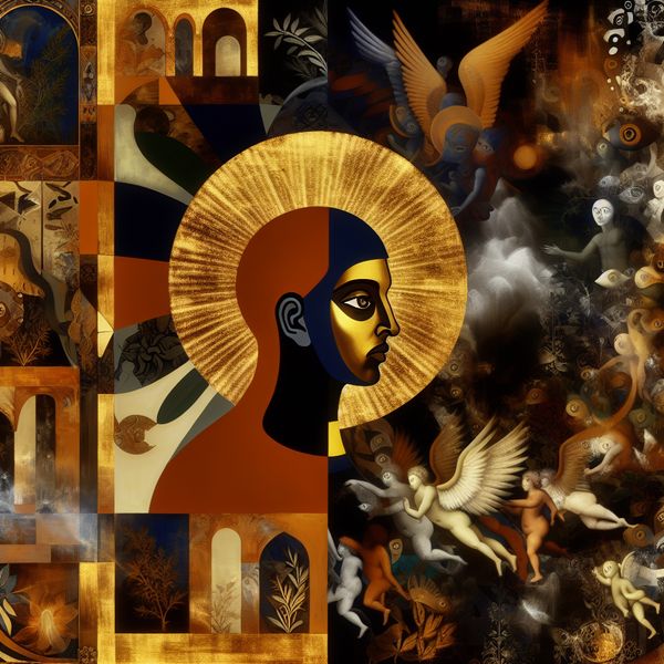 Surrealistische halo en heilige figuur in schilderkunst Surrealistische afbeelding van een heilig figuur met een gouden halo in een fantastische landschap, omgeven door vreemde wezens.