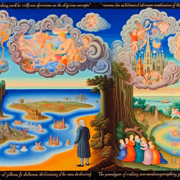Surrealistische afbeelding van een figuur aan de rand van een droomachtig strand met een fantasierijke oceaan op de achtergrond, omringd door bizarre wezens en wolken die vrolijke momenten uit het verleden weergeven.