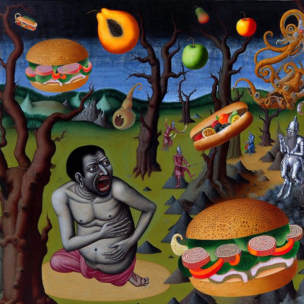 Hongerige figuur in surrealistisch voedsellandschap - Nederlandse taal leren Surrealistisch tafereel van een hongerige persoon omringd door zwevende boterhammen en vreemd voedsel in de stijl van Jheronimus Bosch