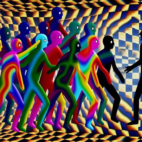 Surrealistische Illustratie van Ontnemen en Vertrouwen Een surrealistische afbeelding van een negatieve silhouetfiguur die licht en kleur absorbeert van bezorgde, kleurrijke menselijke figuren, met een achtergrond van geometrische patronen.