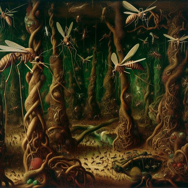 Surrealistische plaag van insecten in Bosch-stijl - overlast door ongedierte Surrealistisch schilderij in de stijl van Jheronimus Bosch van een overwoekerde tuin vol groteske insecten zoals reusachtige muggen en mieren, symboliserend een plaag