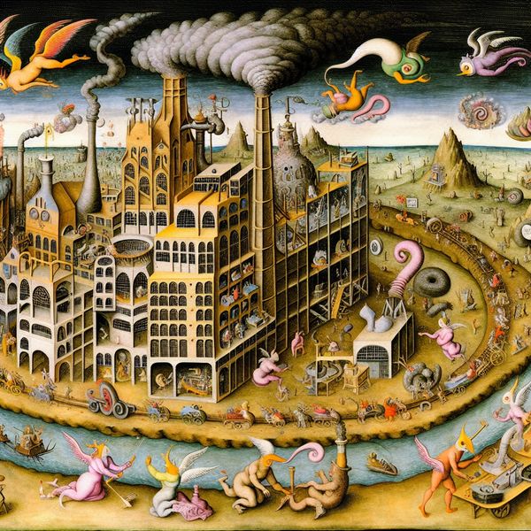 Surrealistische afbeelding van een grote internationale onderneming met bizarre werkomgevingen en vreemdelingen die producten creëren, geïnspireerd door Hieronymus Bosch.