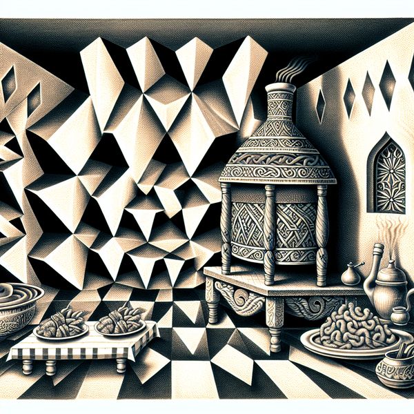 Surrealistische Iraakse Keuken in Escher-stijl Surrealistische weergave van een Iraakse keuken met geometrische elementen, inclusief een grote oven en traditionele gerechten.
