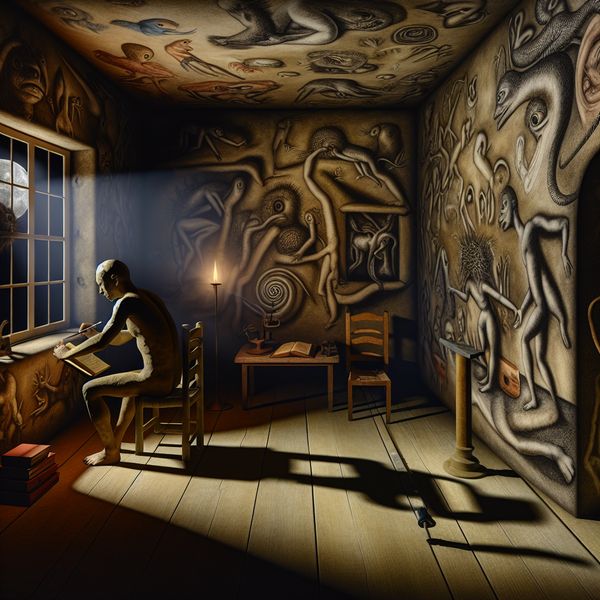 Surrealistische afbeelding van isolement en introspectie Een eenzame figuur zit in een donker verlichte kamer, omringd door oude boeken en schrijfmateriaal.