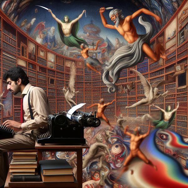 Surrealistisch beeld van een journalist die rusteloos doorwerkt in een fantasierijke bibliotheek Een surrealistisch tafereel van een journalist die druk typend op een ouderwetse schrijfmachine omringd is door bizarre, antropomorfe boeken en vliegende ganzen.