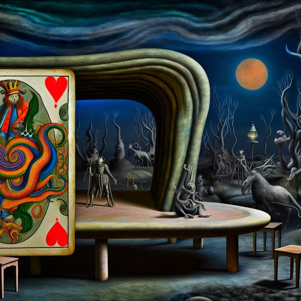 Een surrealistische kaarttafel met de vier van harten, omringd door bizarre wezens in een duistere omgeving geïnspireerd door Hieronymus Bosch.