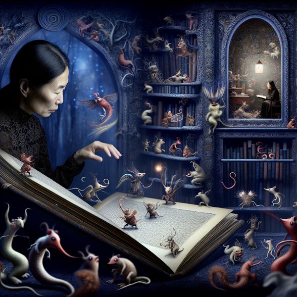 Surrealistische kamer met lezende vrouw en vreemde wezens Vrouw leest boek in surrealistische kamer met bizarre wezens