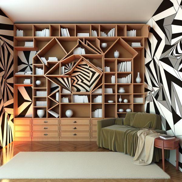 Surrealistische kast in woonkamer: M.C. Escher stijl Surrealistische woonkamer met een geometrische kast in de stijl van M.C. Escher, boeken en kleren hangen in de lucht.