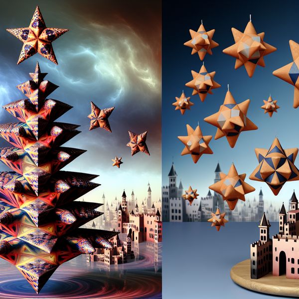 Een surrealistisch kerstboom geïnspireerd door M.C. Escher, versierd met geometrische sterrendecoraties en zwevende stervormige lekkernijen.