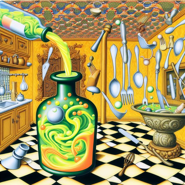 Surrealistische Keuken met Azijnzuur en Chemische Reacties Een surrealistische keuken met een grote fles 'Azijnzuur' die vloeistof morfoseert naar keukenartikelen, in de stijl van M.C. Escher.
