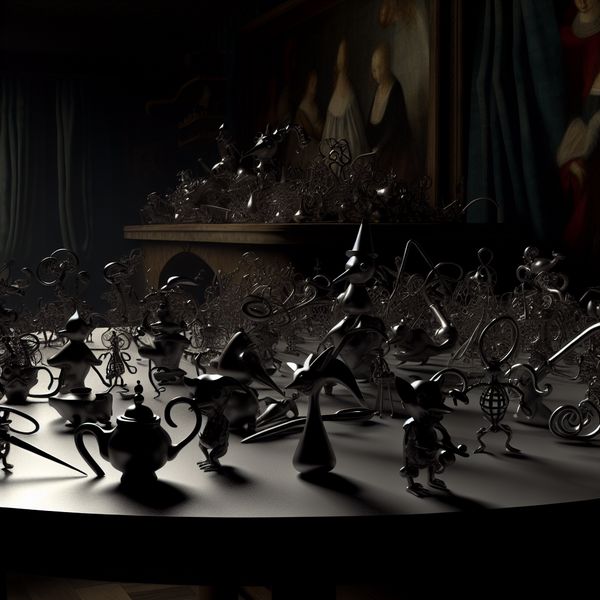 Surrealistische keuken met bizarre ijzeren gereedschappen Een surrealistische keuken met een rommelige tafel vol kleine, bijzondere ijzeren gereedschappen, geïnspireerd door Hieronymus Bosch.