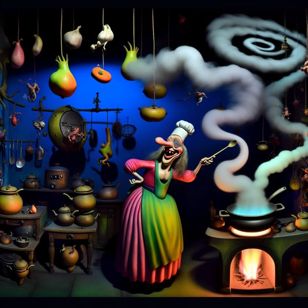 Surrealistische keuken met gasgebruik in de stijl van Bosch Surrealistische keuken waar een figuur vrolijk kookt met gasvlammen, omringd door bizarre wezens en vreemde machines.