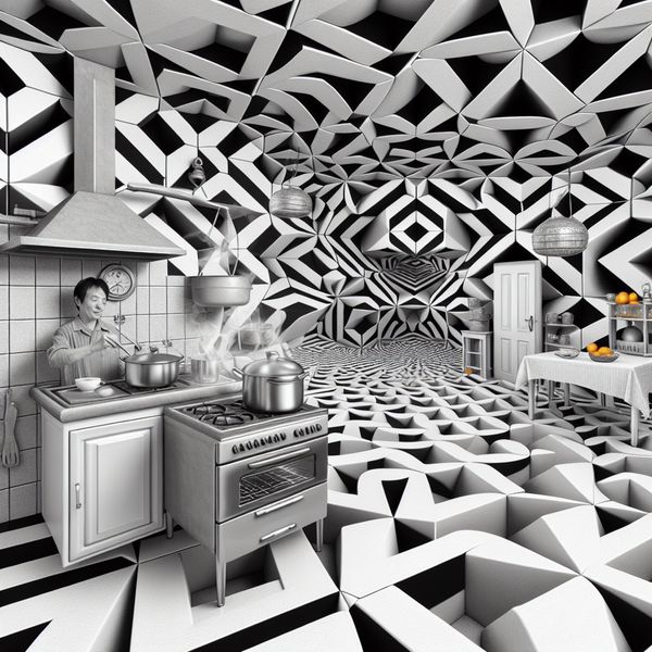Surrealistische Keuken Illustratie met Geometrische Patronen Surrealistische keuken met geometrische patronen en persoon aan het koken