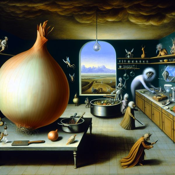 Surrealistische Keuken Met Een Grote Ui Surrealistisch keukenlandschap met een grote ui en vreemde wezens die aan het koken zijn