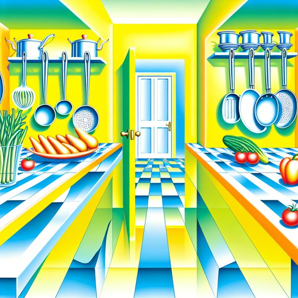 Surrealistische keukenscène met een spiegelende vloer en zwevende keukenhulpen en groenten