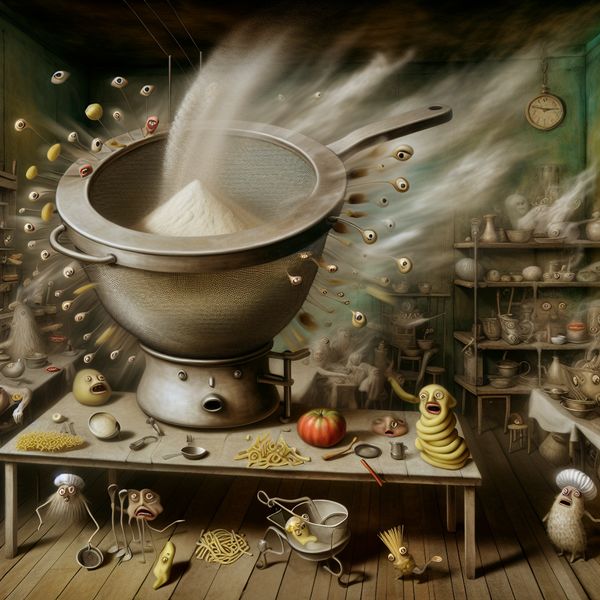 Een surrealistische keuken met een oversized zeef op een chaotische houten tafel, omringd door levendige, bizarre ingrediënten en nieuwsgierige wezens.