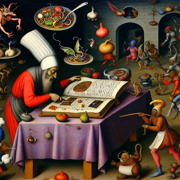 Surrealistische Keukenscène geïnspireerd door Hieronymus Bosch Een surrealistische keukenscène met een kok omringd door bizarre wezens die ingrediënten en gereedschappen vasthouden, terwijl hij een kookboek aanpast.