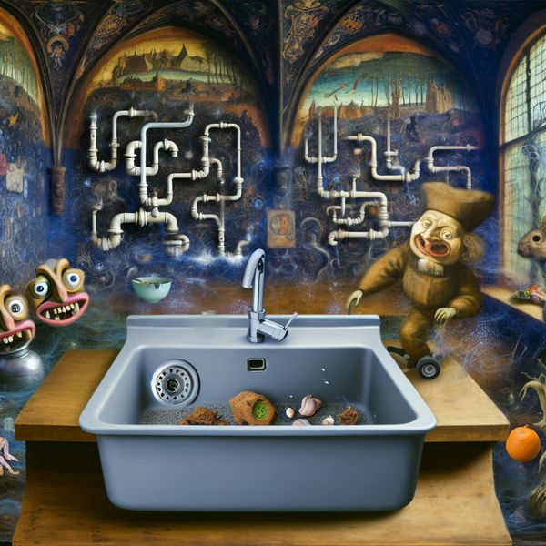 Surrealistische afbeelding van een keukenonderwereld met een overstroomde gootsteen en bizarre, groteske wezens.