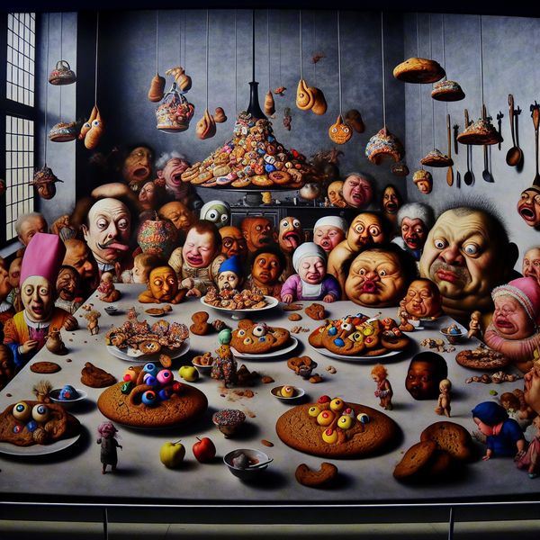 Surrealistische Kinderen in de Keuken met Koekjes Een surrealistisch keukenlandschap met bizarre kinderen die vragen stellen over kleurrijke koekjes.