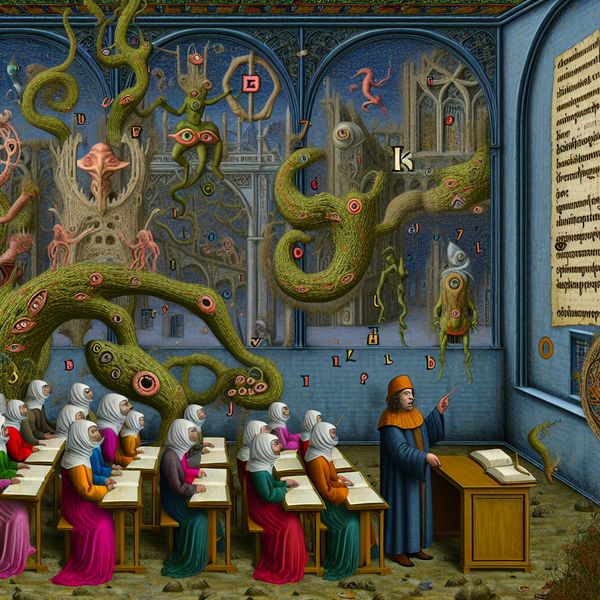 Surrealistische klas over etymologie van informatie Surrealistische klaslokaal met een leraar die studenten begeleidt in het ontdekken van de etymologie van het woord 'informatie', met fantasievolle wezens en zwevende manuscripten.
