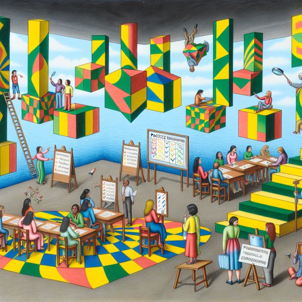 Surrealistische klas met creatieve studenten en positieve beoordelingen Surreal classroom designed in the style of M.C. Escher with students engaging in activities, showcasing colorful charts and positive evaluations.