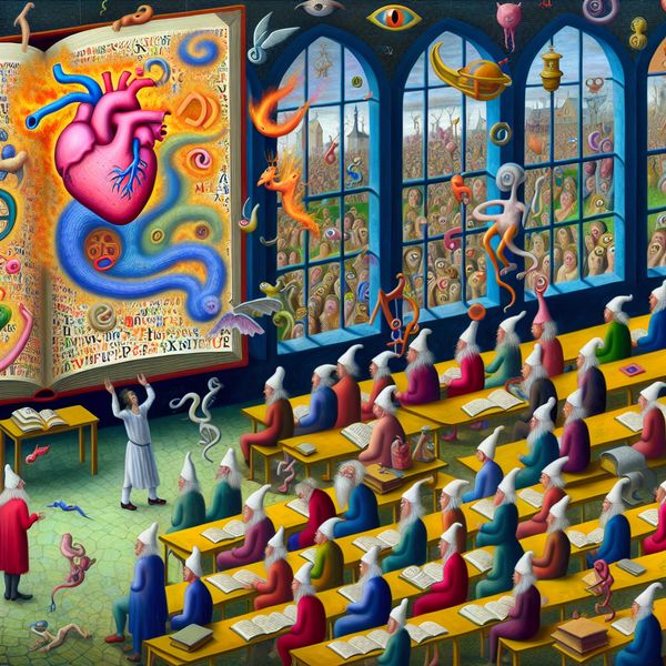 Surrealistische klaslokaalscène met diverse studenten die over een open boek met bizarre illustraties van symbolen en woorden nadenken.