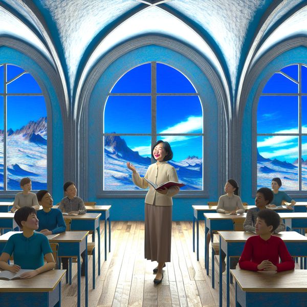 Surrealistische scène van een klaslokaal met een geduldige lerares en diverse studenten die leren