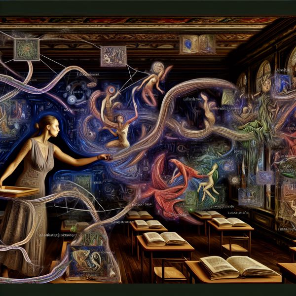 Surrealistische Klaslokaal Met Mythische Leraar Een surrealistische les in een fantasierijke klaslokaal met een mythische leraar die historische en culturele elementen weeft tot een kleurrijke tapijt van ideeën.