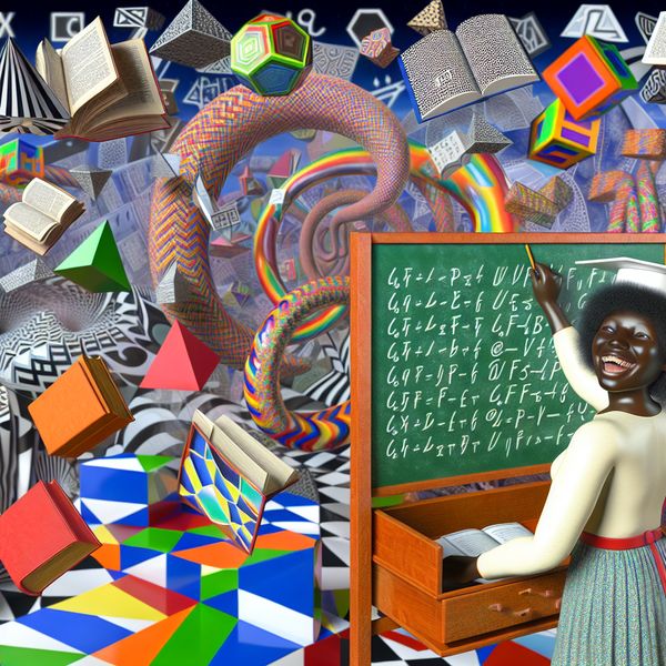 Surrealistische Klaslokaal Scène van Taal en Kennis Jongeman in een surrealistische klas omringd door drijvende geometrische vormen en patronen die verschillende talen en kennis uitbeelden, terwijl ze blij nieuwe woorden schrijft voor een krijtbord.