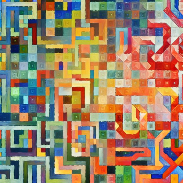 Surrealistisch kunstwerk in de stijl van M.C. Escher met geometrische vormen en levendige kleuren die hun diepere betekenissen weergeven.