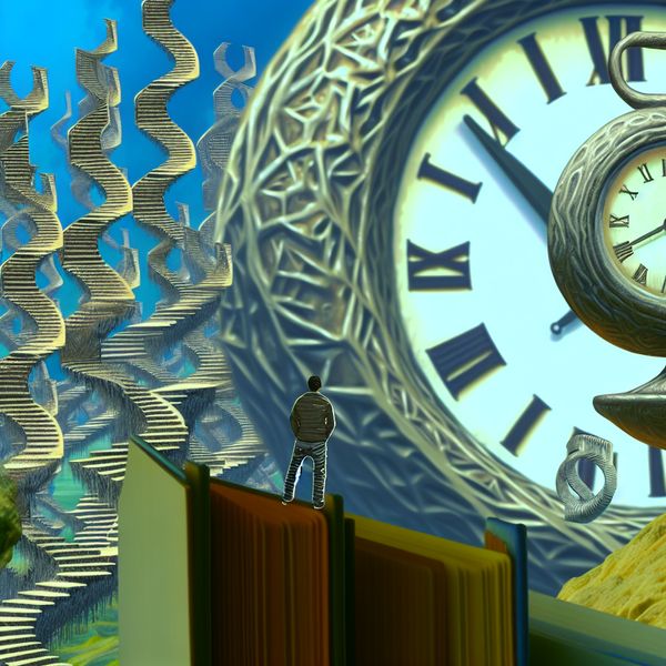 Surrealistische scène met figuur naast klok met smeltende randen en complexe patronen