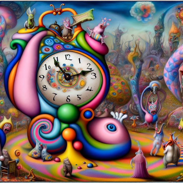 Fantasierijke klok in surrealistische omgeving Een fantasierijk, surrealistisch beeld van een speelse klok in de stijl van Hieronymus Bosch, omgeven door bizarre wezens.