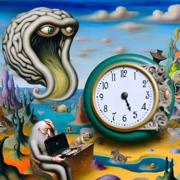 Surrealistische voorstelling van een klok in de stijl van Bosch met tijd van 30 minuten Een surrealistisch uurwerk met smeltende elementen en vreemde wezens die wachten, verbeeldt de concepten van tijd en vriendschap.