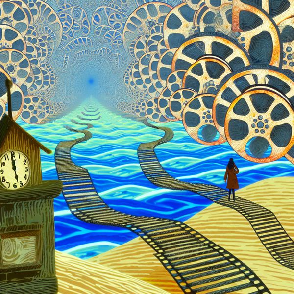 Surrealistische Kloktoren en Eindigen in Taal Leren Surreal clock tower with film reels and impossible geometry in dreamlike landscape